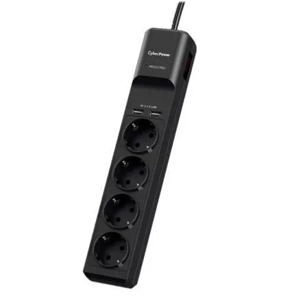 Cyberpower P0420SUD0-DE - Regleta Protectora contra Sobretensiones, 4 Tomas Schuko, 2 Puertos USB 2.4A, Interruptor, Cable 1.8m, 350 Julios, Color Negro Cyberpower P0420SUD0-DE - Regleta Protectora contra Sobretensiones, 4 Tomas Schuko, 2 Puertos USB 2.4A, Interruptor, Cable 1.8m, 350 Julios, Color Negro
